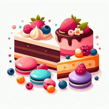 Vector illustration of delicious cakes with berries and macaroons. Sweet dessert.のイラスト素材