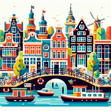Amsterdam cityscape. Colorful vector illustration in flat style.のイラスト素材