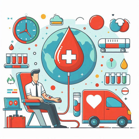 Blood donation concept. Vector illustration in line art style. Colorful banner with flat icons.のイラスト素材