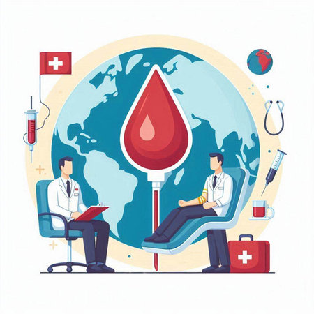 Blood donation concept. Flat vector illustration of blood transfusion and doctorのイラスト素材