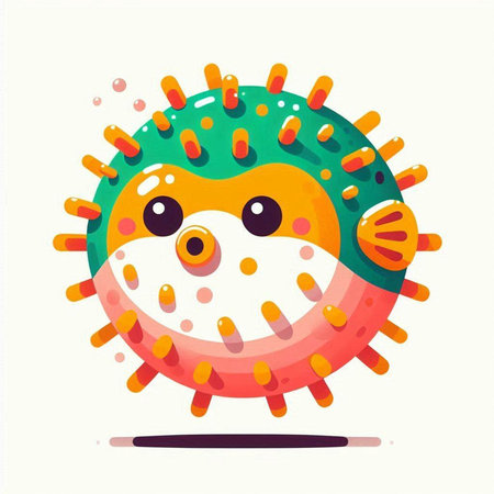 Cartoon virus character. Vector illustration of a funny microbe.のイラスト素材