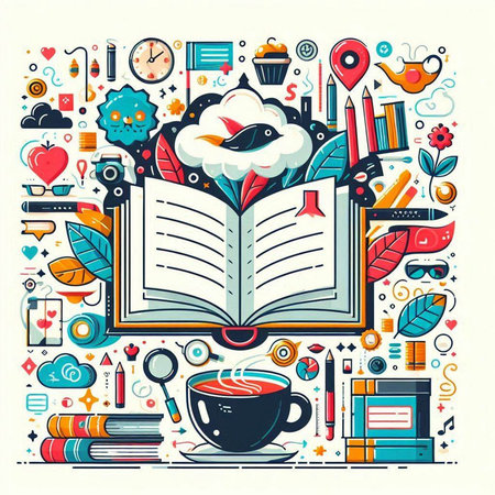 Vector illustration of a book with education and learning elements on white backgroundのイラスト素材