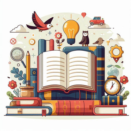 Vector illustration of an open book on a stack of books surrounded by school items.のイラスト素材
