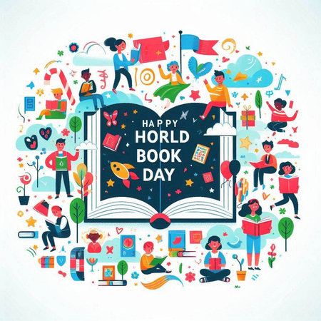 Happy Book Day concept in flat design style. Vector illustration with books and peopleのイラスト素材