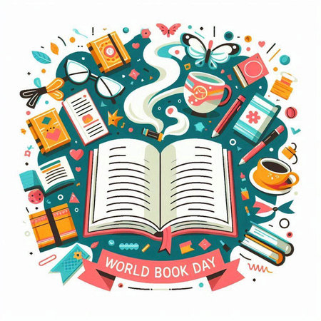 Welcome back to school. Vector flat design illustration with books, stationery and cup of coffee.のイラスト素材