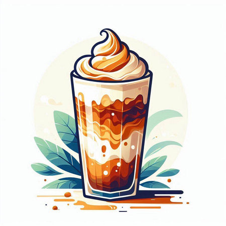 Iced coffee with whipped cream in a glass. Vector illustration.のイラスト素材
