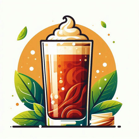 Coffee in a glass with cream and leaves. Vector illustration.のイラスト素材