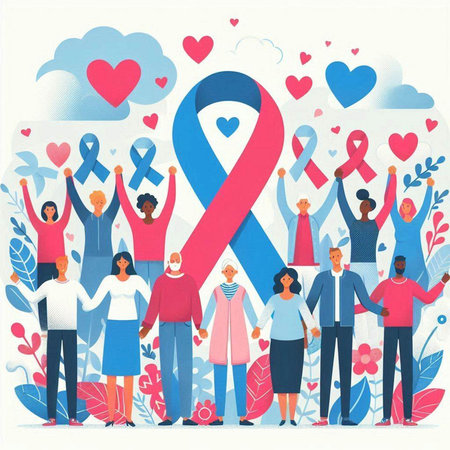 Breast Cancer Awareness Concept. Group of People with Red Ribbon. Vector Illustrationのイラスト素材