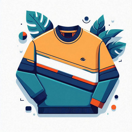 Vector illustration of an orange sweater on a background of tropical leaves.のイラスト素材