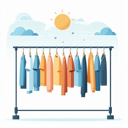 Clothes rack with different clothes. Vector illustration in flat style.のイラスト素材
