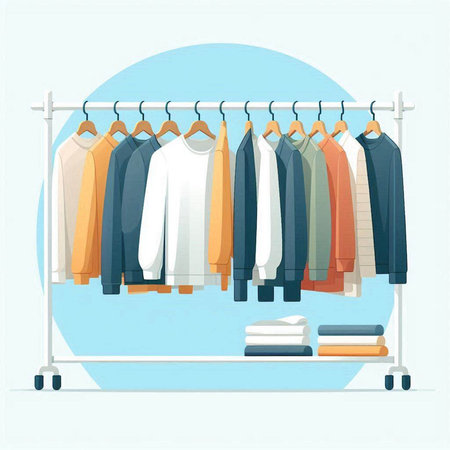 Clothing rack with different clothes. Vector illustration in flat style.のイラスト素材