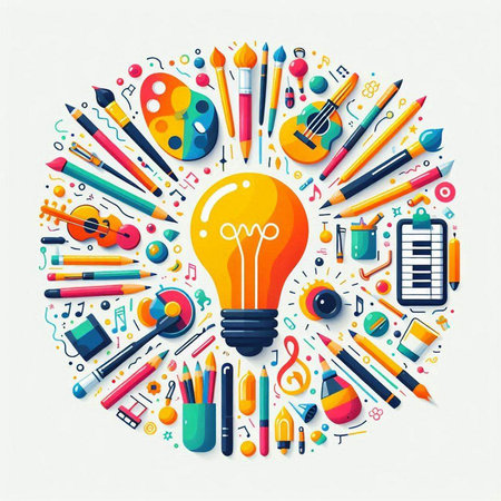 Creative idea concept with light bulb and school supplies. Vector illustrationのイラスト素材