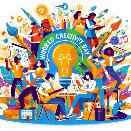 Flat design vector illustration of creative people creating new creative ideas.のイラスト素材