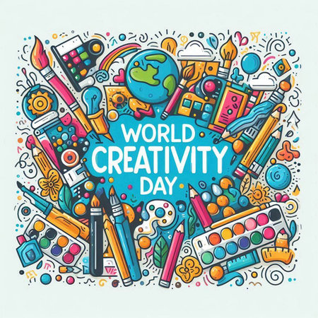 Cartoon cute doodles hand drawn World Creativity Day illustrationのイラスト素材