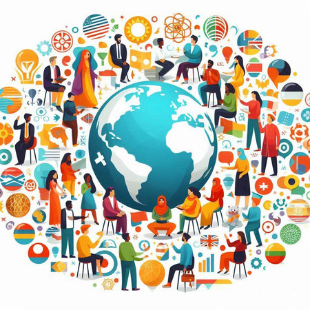 Global communication concept with people around the world. Vector flat illustration.のイラスト素材