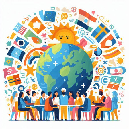 Global communication concept. Vector illustration in flat cartoon style. People sitting around the globe.のイラスト素材