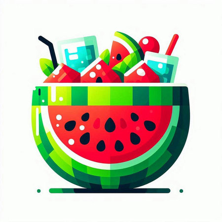 Watermelon fruit in a bowl. Vector illustration in cartoon style.のイラスト素材