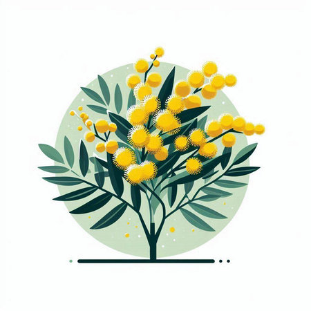 Mimosa tree with yellow flowers on white background. Vector illustration.のイラスト素材