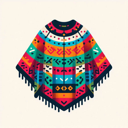 Hand drawn illustration of a colorful poncho with geometric pattern.のイラスト素材