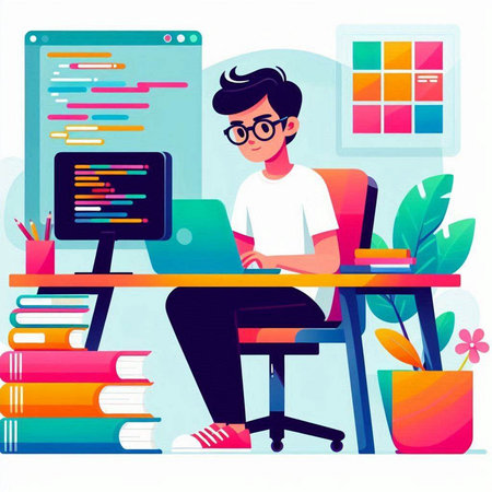 Programmer working at the office. Vector illustration in flat style.のイラスト素材