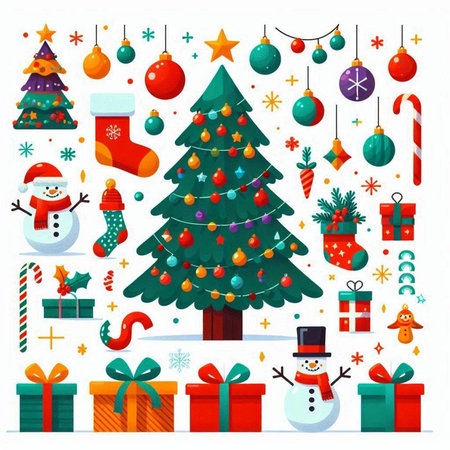 Christmas tree, snowman, gift boxes, snowman, christmas tree and snowflakes. Vector illustrationのイラスト素材