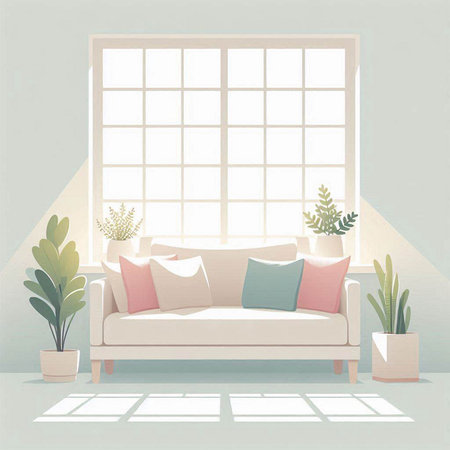 interior design with sofa, window and houseplants. vector illustrationのイラスト素材