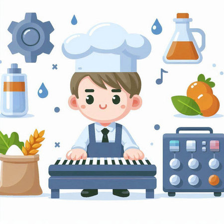 Cute cartoon chef playing the piano. Vector illustration in flat design.のイラスト素材