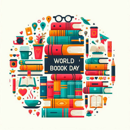 World book day poster with books and cup of coffee. Vector illustrationのイラスト素材