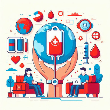 Vector illustration in flat linear style with icons of blood donation, online medical consultation, blood donation.のイラスト素材