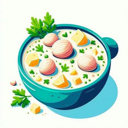 Illustration of a bowl of soup with dumplings and cheeseのイラスト素材