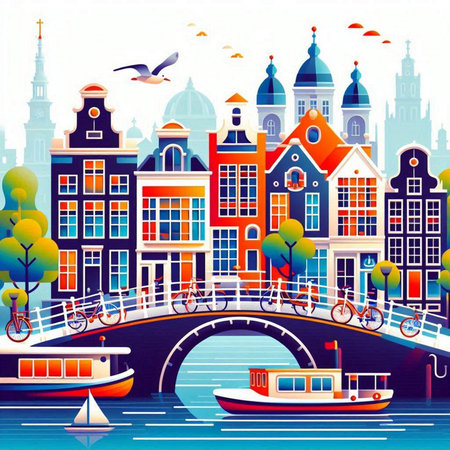 Amsterdam cityscape with bridge, boats and birds. Vector illustration.のイラスト素材