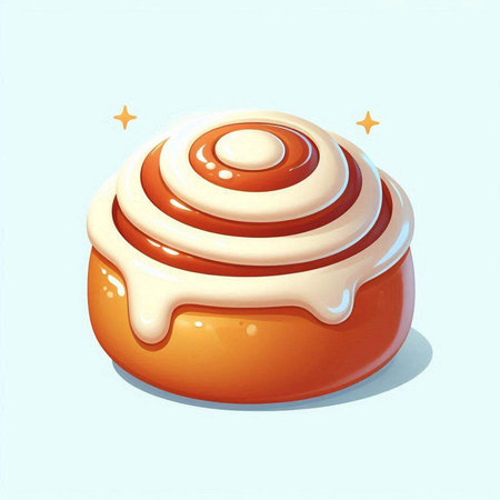Cinnamon roll with icing on blue background. Vector illustration. Sweet dessert.のイラスト素材