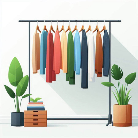 Colorful clothes hanging on a hanger in the wardrobe. Vector illustrationのイラスト素材