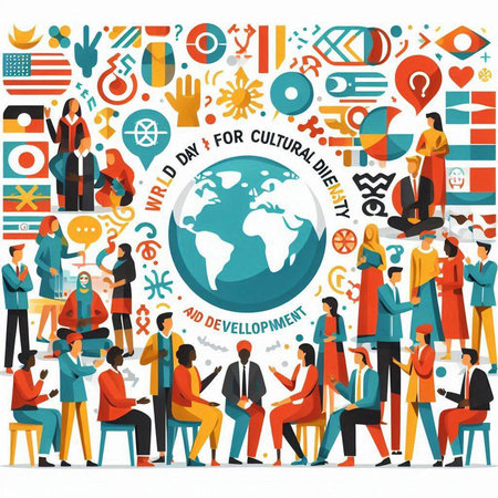World Population Day Concept. Group of People with World Map, Icons Around. Vector Illustrationのイラスト素材