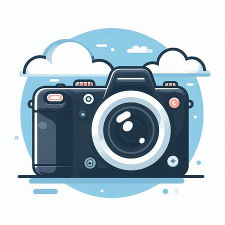 Vector illustration of a retro camera on a blue background with clouds.のイラスト素材