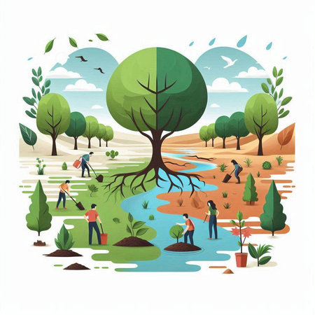 People planting trees in the garden. Flat design vector illustration on white background.のイラスト素材