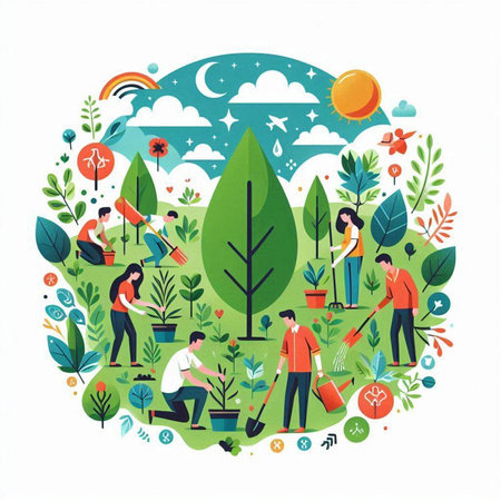 Gardening concept. People planting trees. Flat vector illustration.のイラスト素材