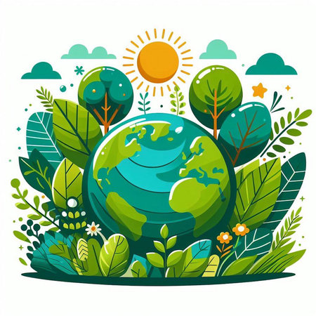 Vector illustration of the planet earth with trees, grass and flowers.のイラスト素材