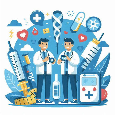 Medicine concept. Doctor and nurse with tools. Vector illustration.のイラスト素材
