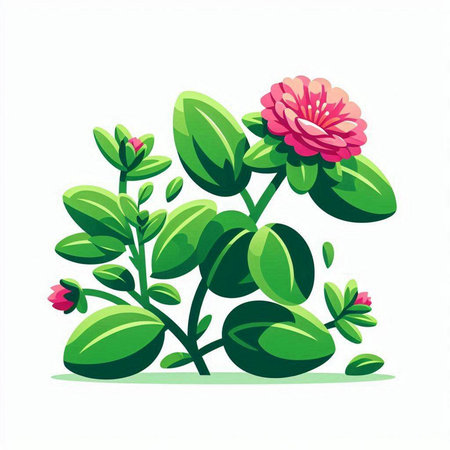Vector illustration of a green plant with pink flowers on a white backgroundのイラスト素材