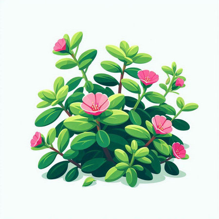 Illustration of a green plant with pink flowers on a white backgroundのイラスト素材
