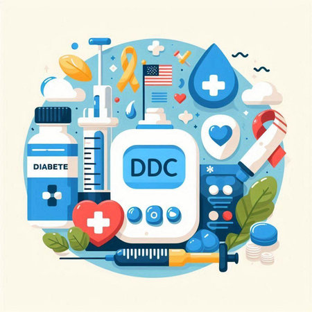 Diabetes concept. Blood glucose meter, syringe, test tube, pills, heart. Vector illustrationのイラスト素材