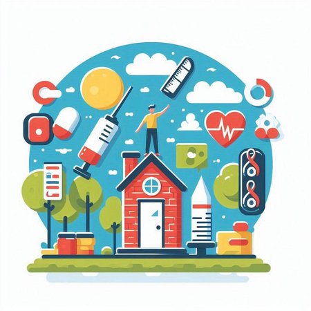 Vector illustration of flat design concept of healthcare and medical services. Icons of hospital, clinic, ambulance, test tube, syringe, thermometer, blood pressure monitor, etc.のイラスト素材