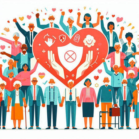 Group of people holding hands around the heart. Flat vector illustration.のイラスト素材