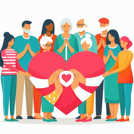 Group of people in medical masks holding a heart. Vector illustration.のイラスト素材