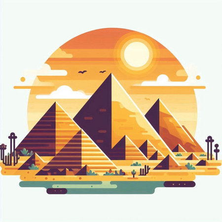 Egyptian pyramids at sunset. Vector illustration in flat style.のイラスト素材