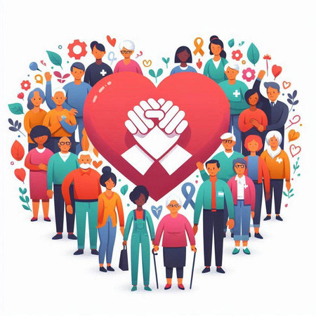 World Aids Day concept. Group of people with red heart. Vector illustrationのイラスト素材