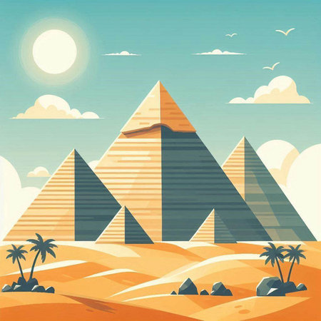 Egyptian pyramids in desert. Vector illustration in retro style.のイラスト素材