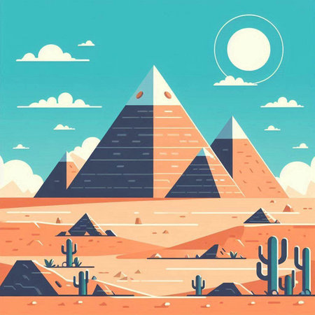 Egyptian pyramids and cactuses. Vector illustration in flat styleのイラスト素材