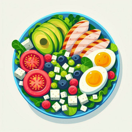 Healthy breakfast with avocado, eggs, tomato, cucumber and cheese. Vector illustration.のイラスト素材